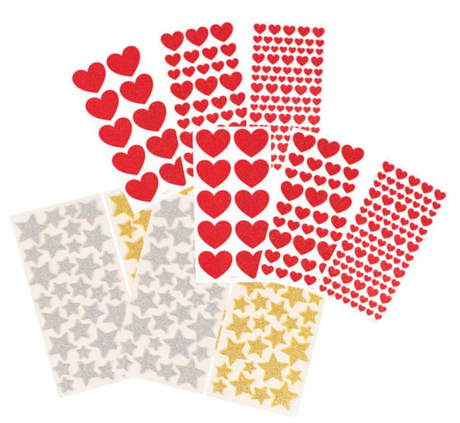 Klistremerker glitterstjerner og glitterhjerter, 556 stk