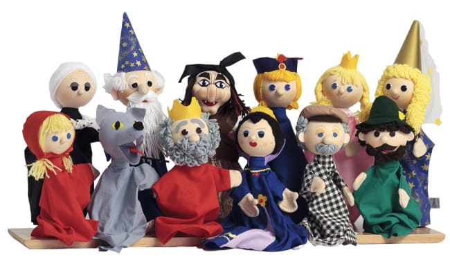 Eventyr hånddukker, 12 stk inkl. stativ i tre