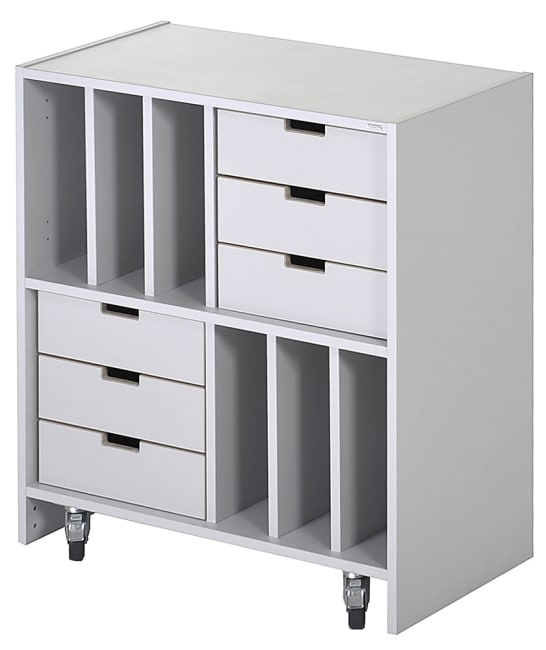 Reol med 6 rom, 6 skuffer, på hjul