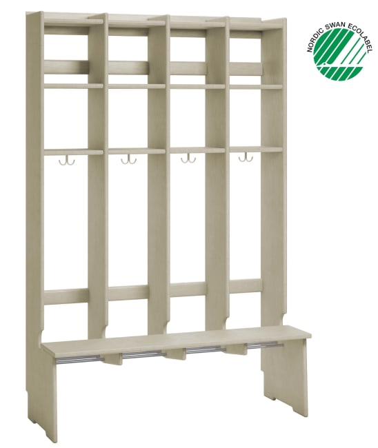 Mega 25 garderobe, gulvmodell m/sittebenk hvitpigmentert