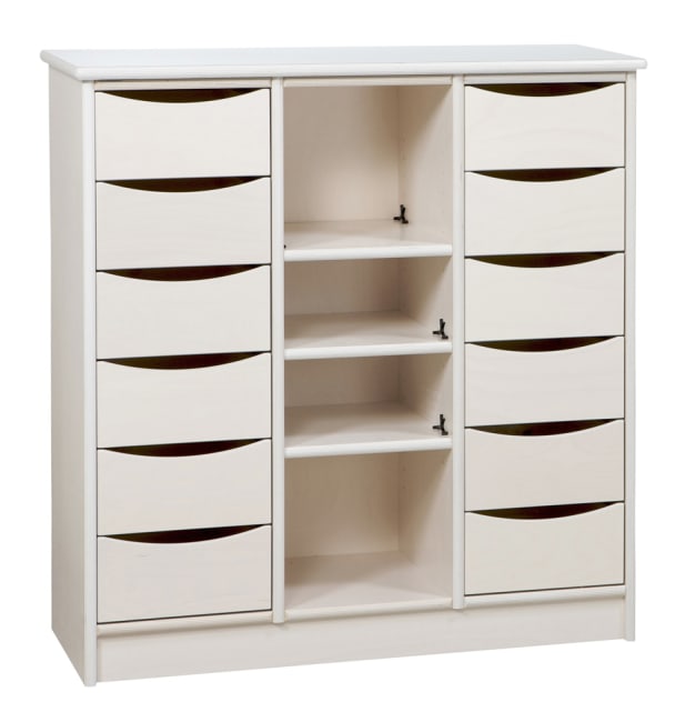 Reol, 12 små skuffer og 3 hyller i midten