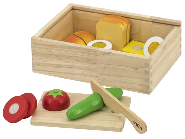 Lekemat i tre, frokostsett i trekasse med lokk