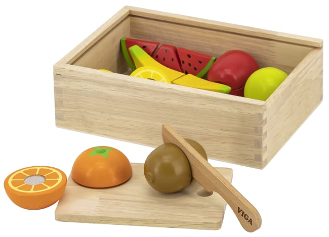 Lekemat i tre, frukt. I trekasse med lokk