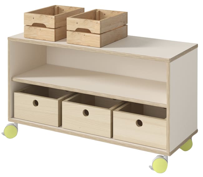 Tavoli butikkreol på hjul m/3 skuffekasser, I kryssfiner