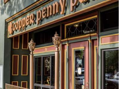 Green and red Irish style pub entrance.