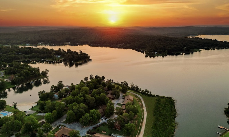 A view of the lake while the sun sets.