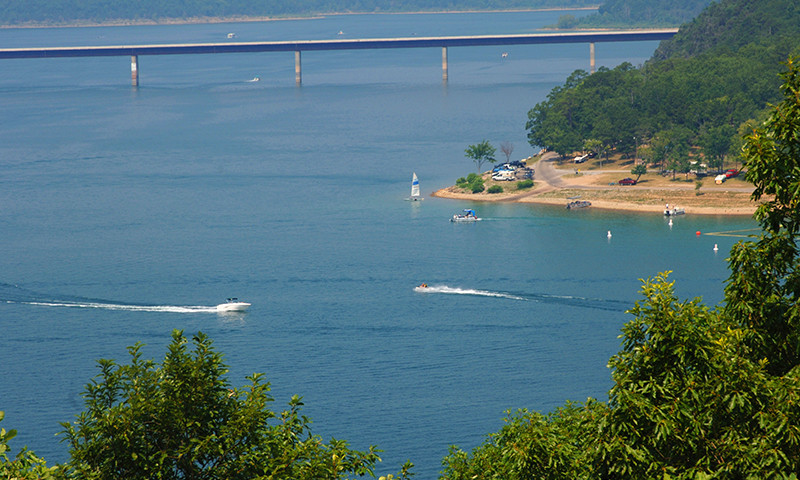 Norfork Lake shore and bridge.