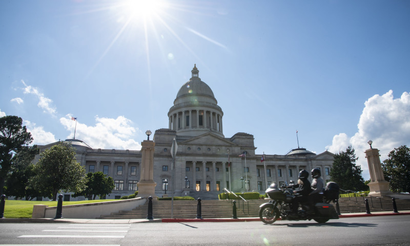 A motorcycle ride in front of the capital building in Little Rock along the Pinnacle Mountain / Greers Ferry Loop