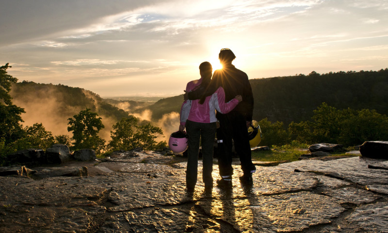 A beautiful sunset on a motorcycle tour along the Petit Jean Mountain Climb
