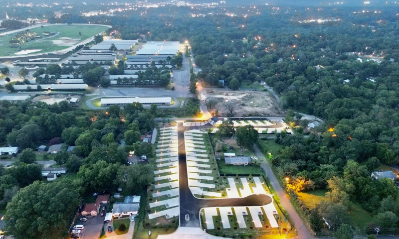 Aerial drone photo of new Finish Line RV Park in Hot Springs, Arkansas near Oaklawn Racing and Casino, Hot Springs National Park, Country Club, and Lake Hamilton.