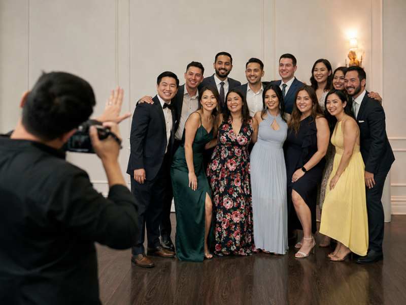 A group of friends pose for a picture at a formal gathering