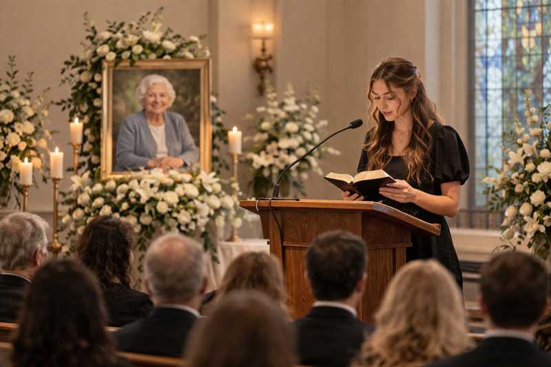 A young woman reading scripture during a memorial service