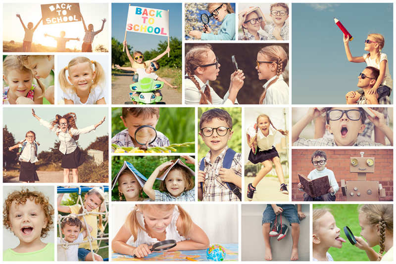Happy children playing outdoors - photo collage
