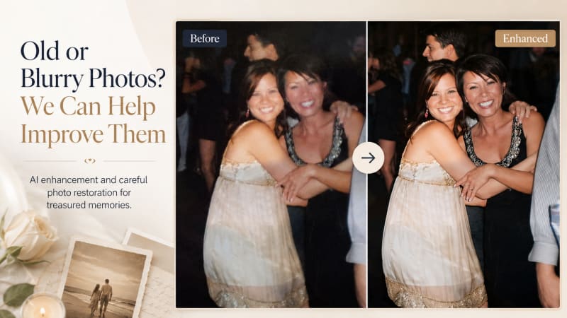 Before and after comparison of an old blurry photo improved with AI enhancement