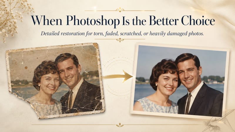 Before and after comparison of a damaged photo repaired with Photoshop restoration
