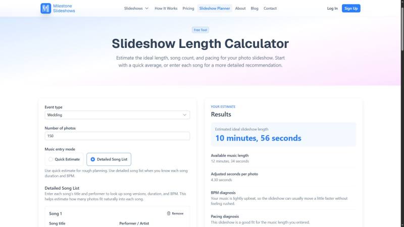 The Milestone Slideshows Slideshow Length Calculator window showing timing results