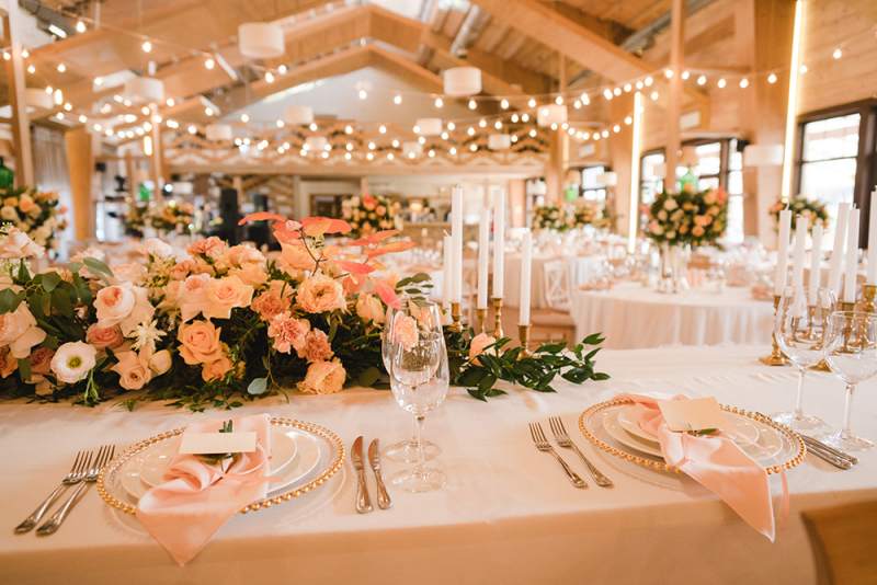 Elegant wedding reception venue with dinner place setting