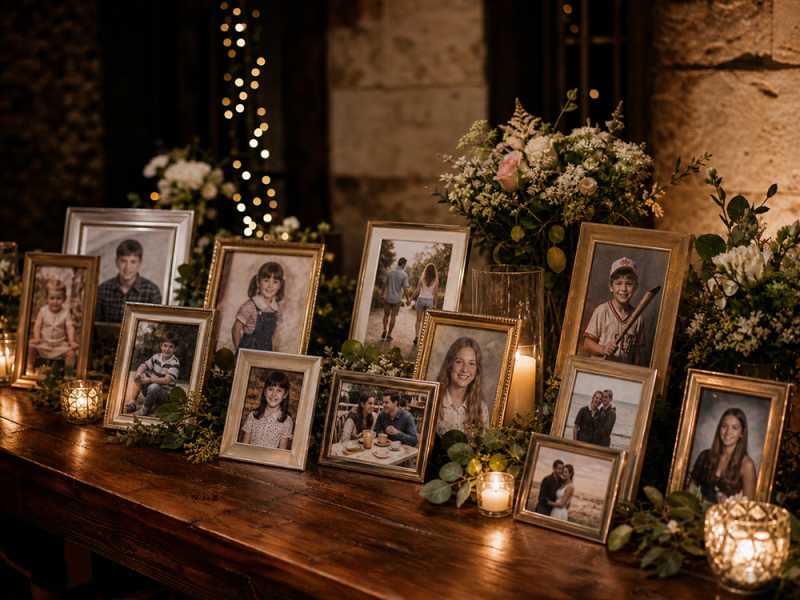 Display of photos of the bride and groom at a wedding reception