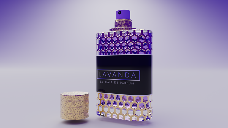 A 3D model of an elegant perfume bottle