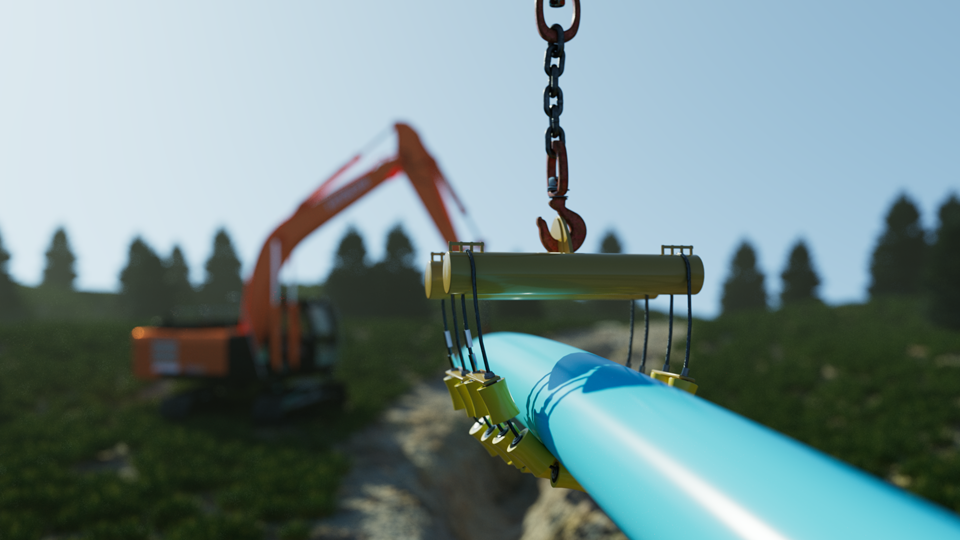 Trench pipe installation with roller cradles and excavators