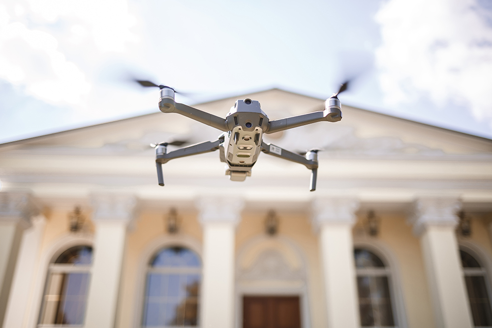 Drone preparing for programmetry recording of historic district architecture