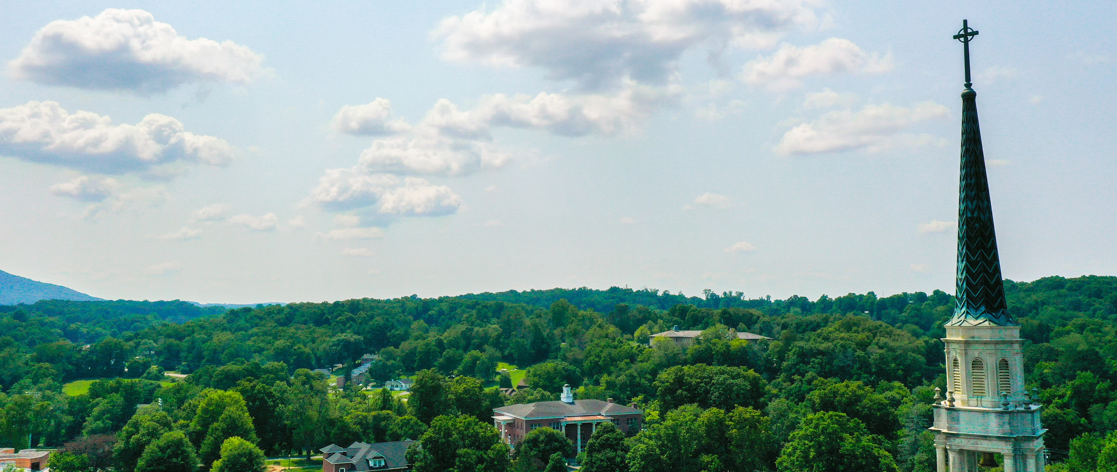 A drone image of Seeger's steeple on a sunny day