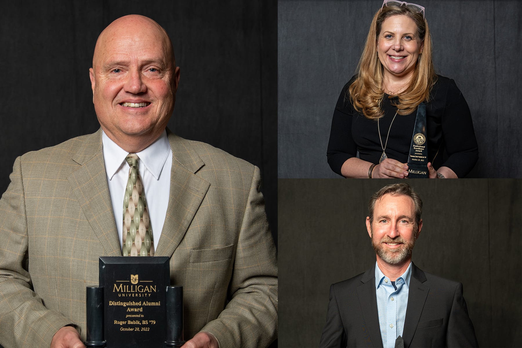 Distinguished Alumnus Award recipient Roger Babik ('79) with Dr. Jason Derry (’96) and Suzanne Lake Nadell (’97), Professional Excellence Award recipients.