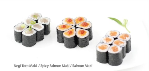 Negi Toro Maki, Spicy Salmon Maki, and Salmon Maki