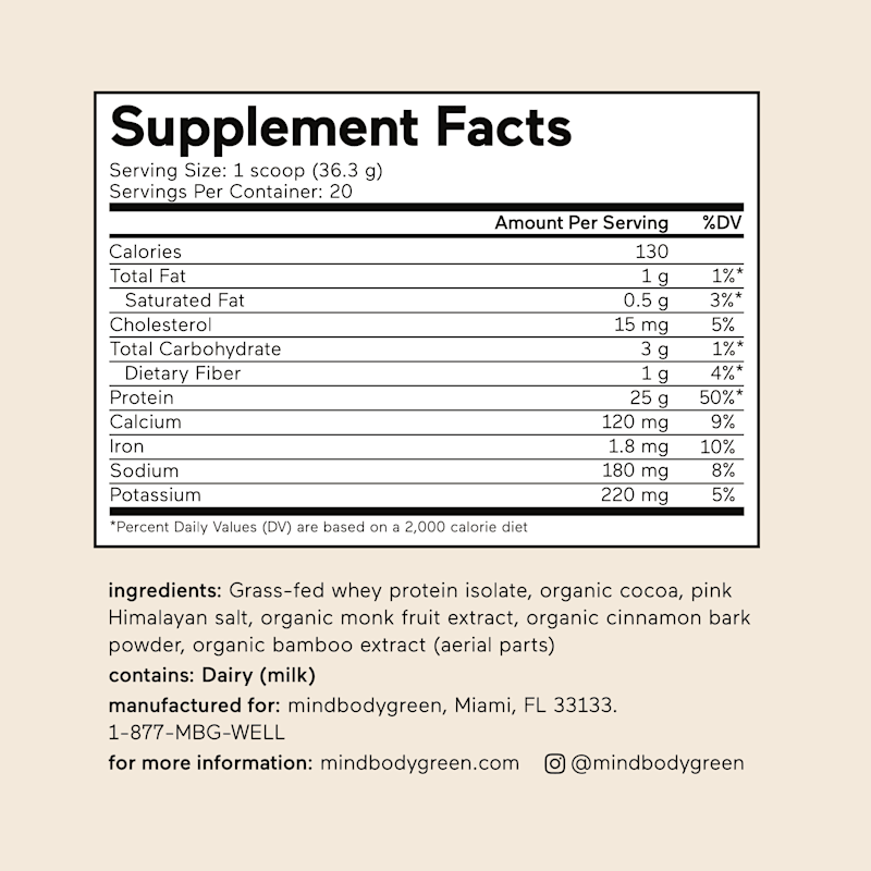 Chocolate grass-fed whey protein isolate+ Supplement Facts: 1 scoop (36.3 g), 20 servings.
