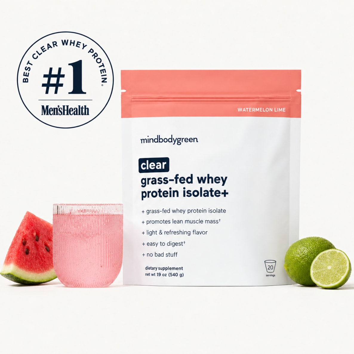 Watermelon Lime clear grass-fed whey protein isolate gusset bag with prepared drink, watermelon and lime