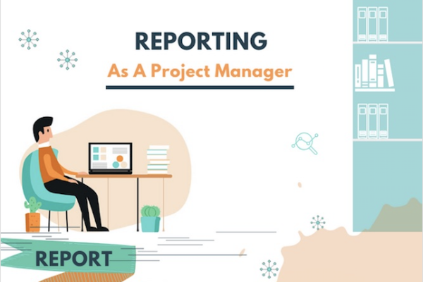 Illustration about project reporting, with a person in front of a laptop