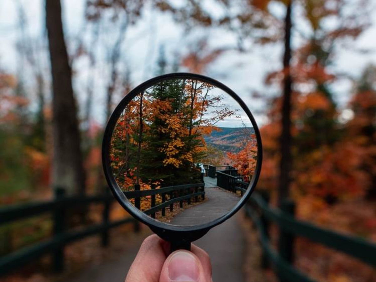 Photo of a magnifying glass putting into focus an otherwise blurry autumn landscape