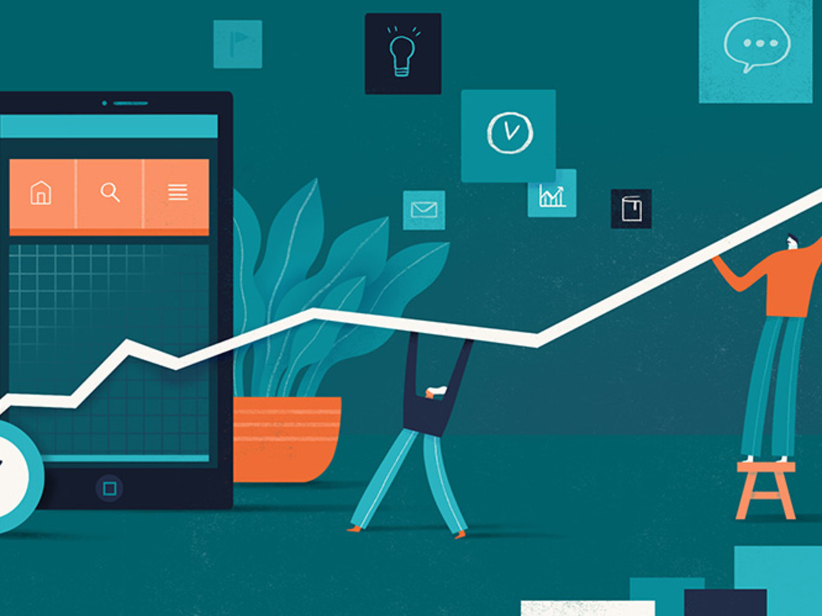 An eccentric illustration of a trend line, with people and a gigantic phone interacting with it 