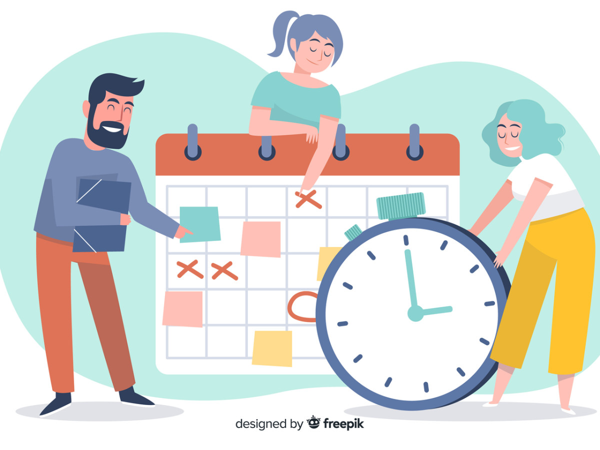 Illustration of three office people around a giant watch and a giant calendar