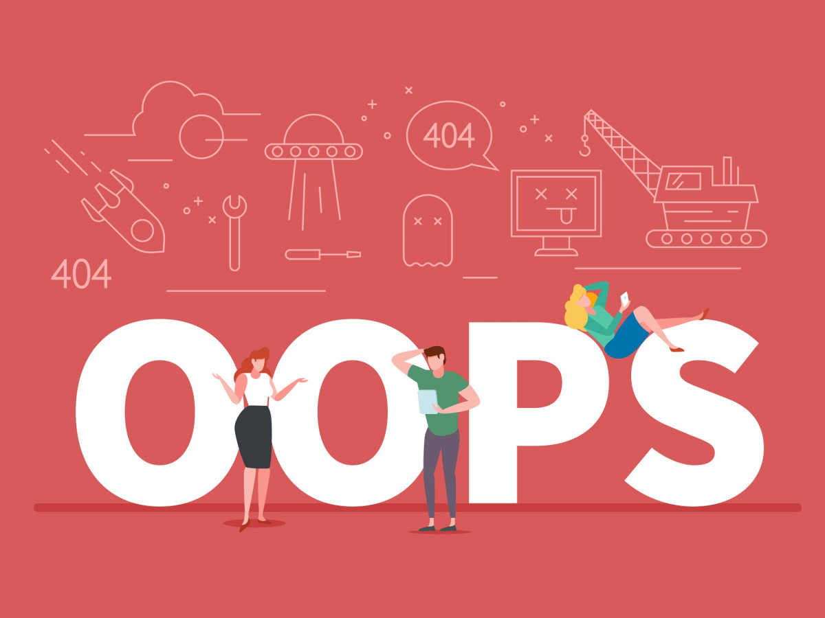 An illustration of the exclamation 'oops' with people within it