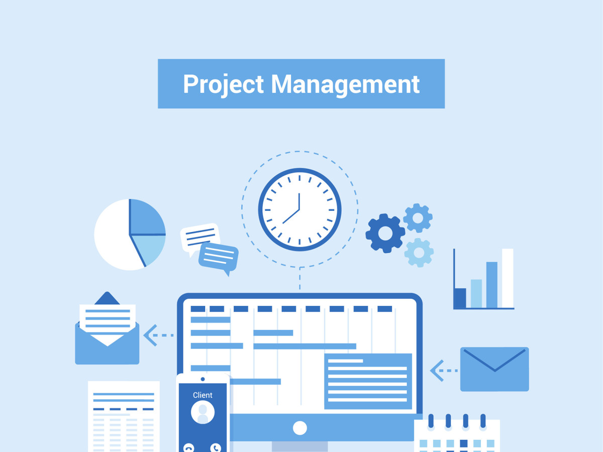 An illustration about project management with a central large monitor containing a graphical project plan