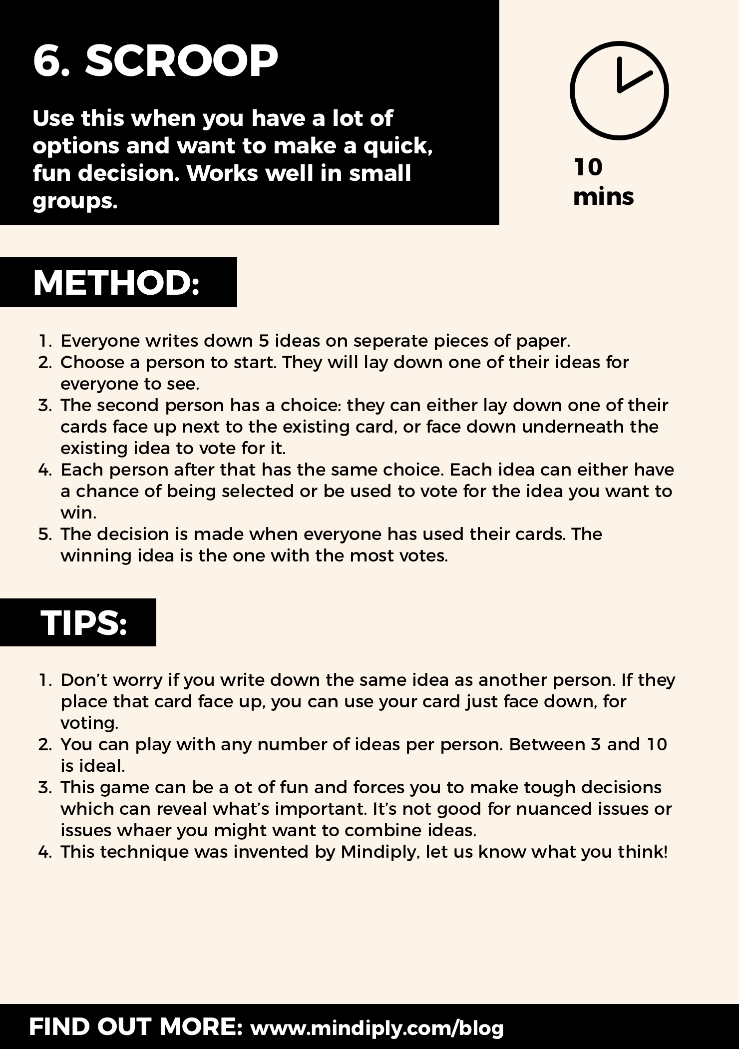 Decision making technique reference card - Scroop game method and tips