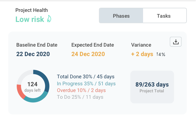 A metrics panel summarising the project progress status