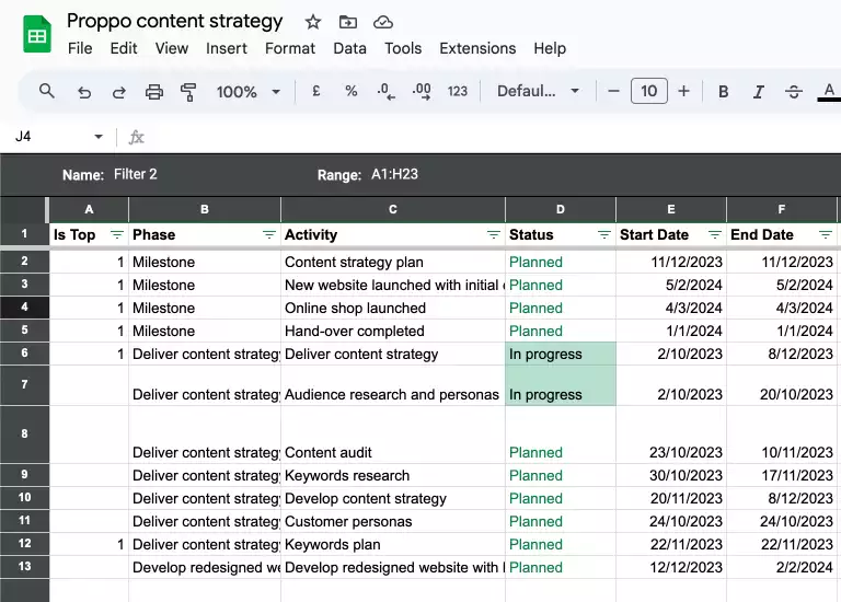 Default project screen in Google Sheets