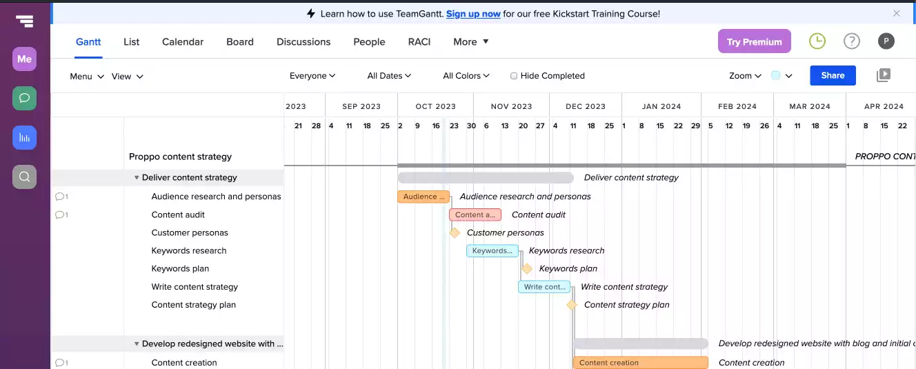 Default project screen in TeamGantt