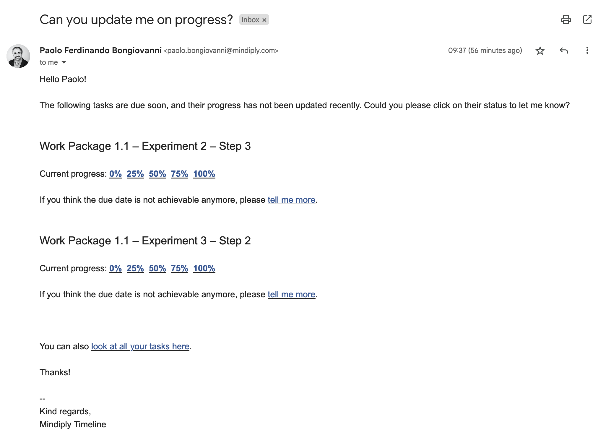 An email providing links to update the progress of tasks