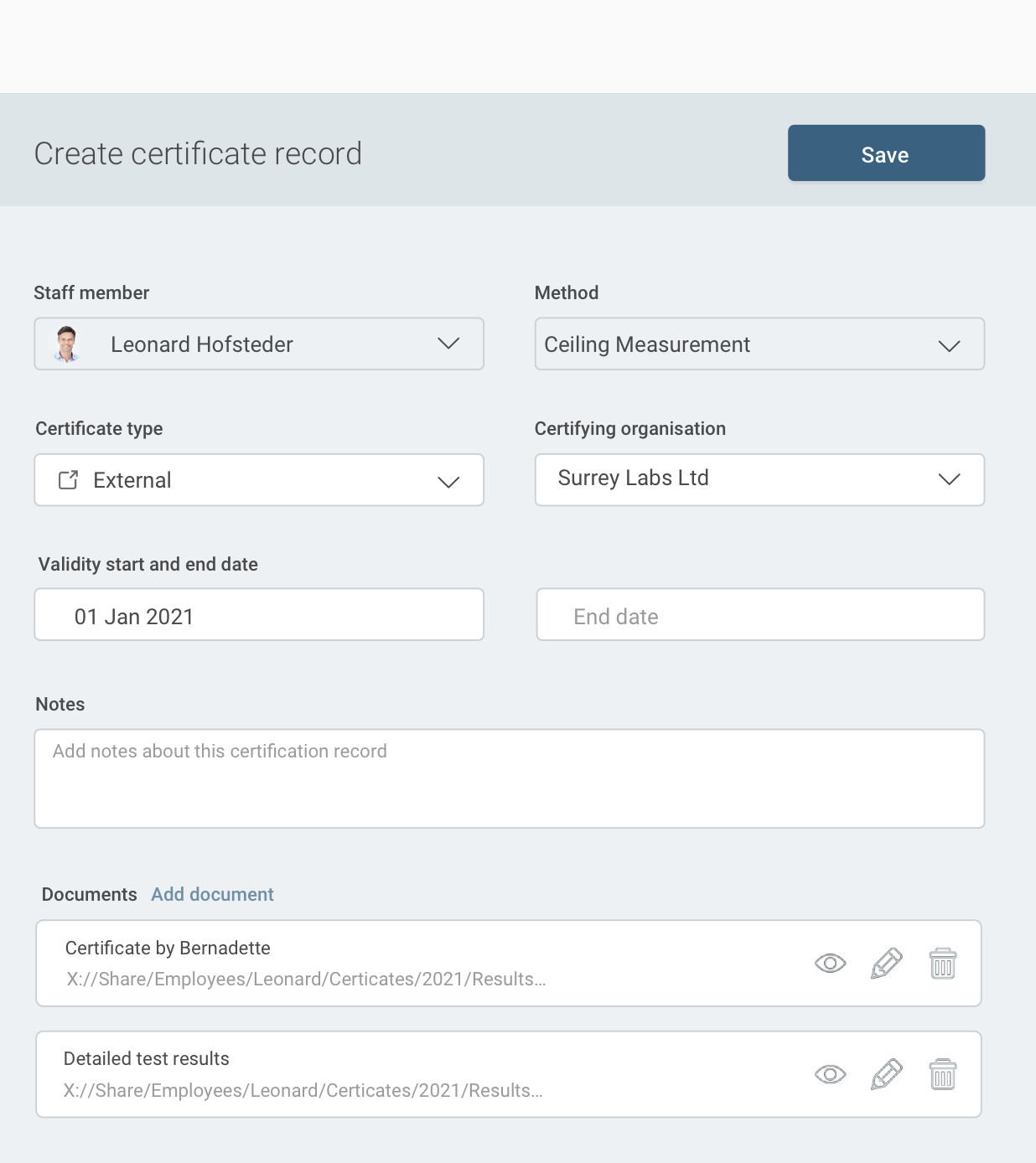 Screenshot of a data form related to staff competency records