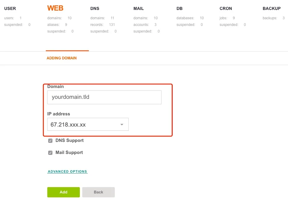 VestaCP New Domain