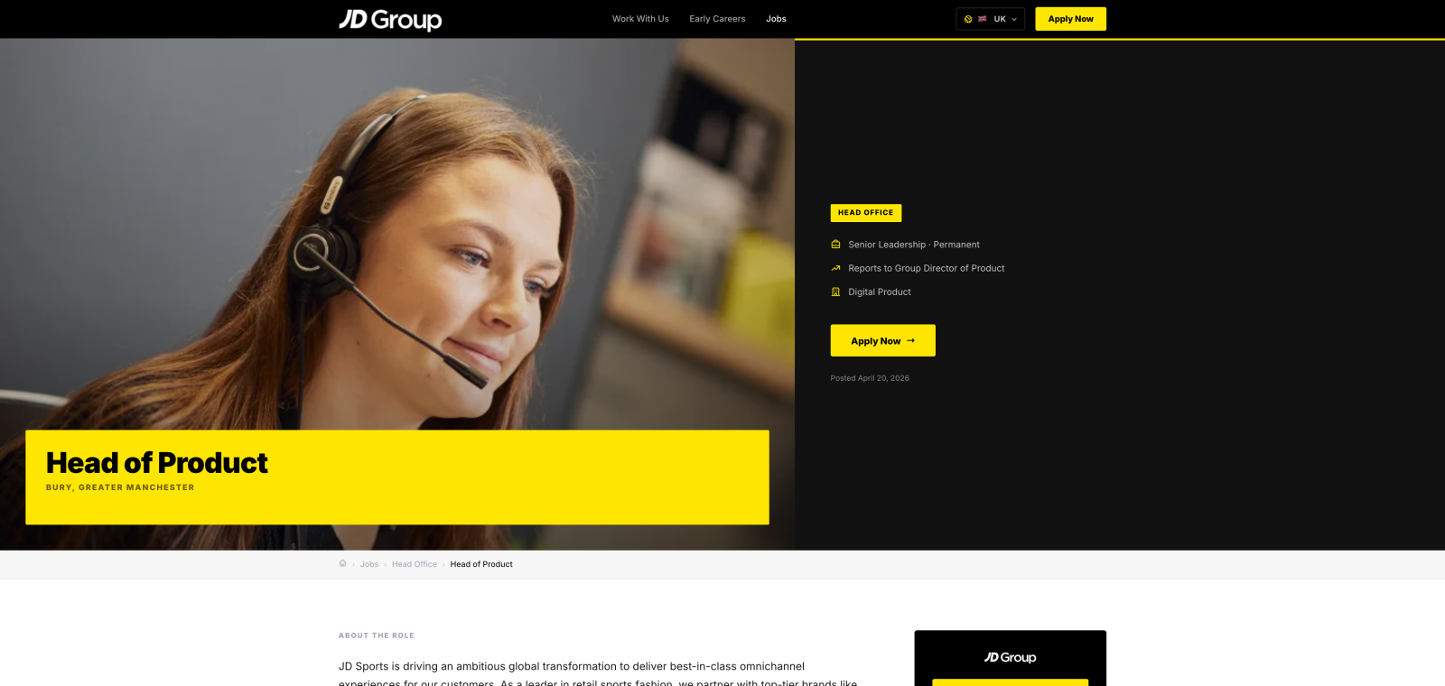 A job page on a retail careers site