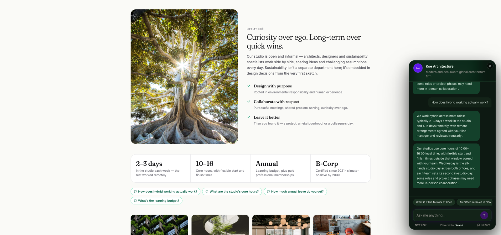The Koe Architecture careers site with the Voyse assistant open, answering a candidate's question