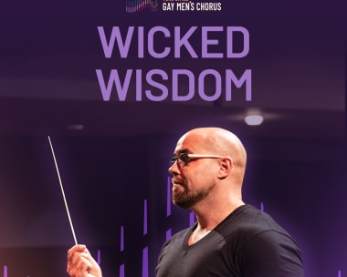 A muscular man in a black shirt conducts with a baton against a purple backdrop featuring the text "Wicked Wisdom" and the TCGMC logo.