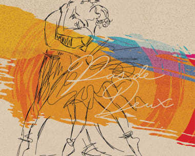 Line drawing of a couple dancing gracefully on an abstract background of vibrant orange and blue brushstrokes. Text overlay reads "Pas de Deux."