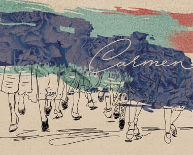 Illustration of nine figures in dresses and shoes, walking. Background features abstract textures in shades of blue, green, and red, with cursive "Carmen."