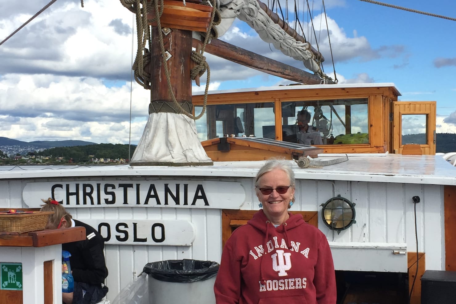 Jean wearing an Indiana University sweatshirt during a tour stop in Oslo