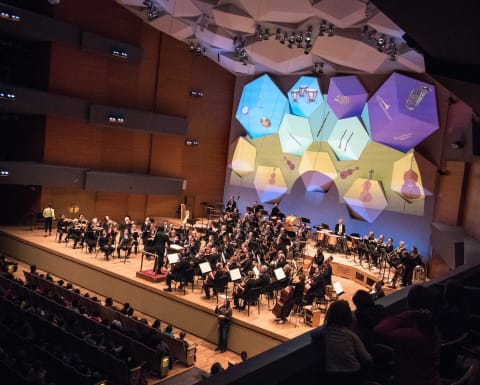 Focus on stage during performance with projections of instruments on wall behind musicians